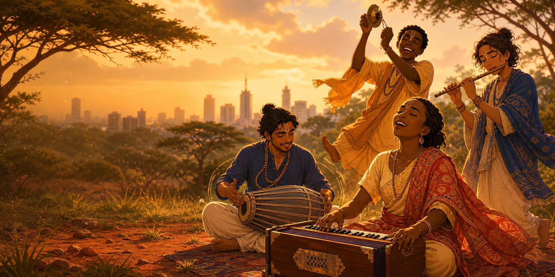 Illustration of devotees performing kirtan outdoors in Nairobi at sunset